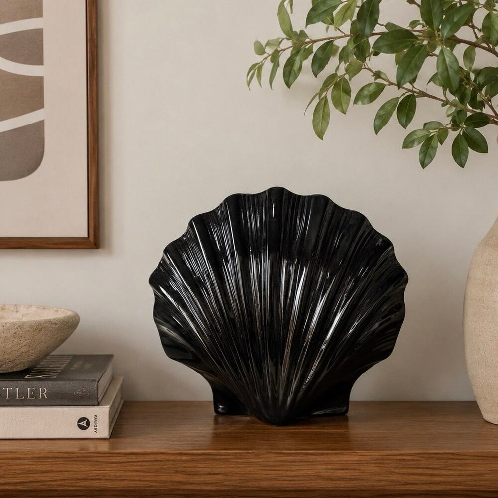 Seashell Vase Black Pottery MCM Vintage Statement Piece Estce Made In Italy
